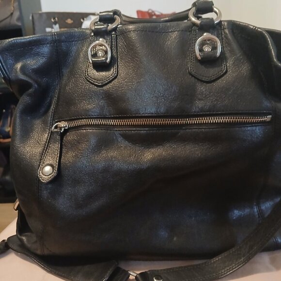 NWOT Coach Black Leather Shoulder Bag with Purple Satin Interior - Picture 3 of 6